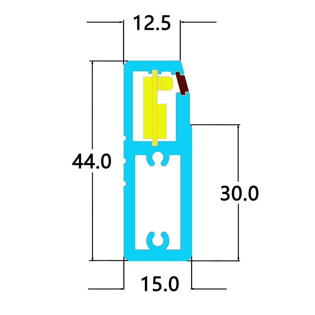 Cross-section view of K-Series touch frame showing 12mm bezel, 44mm thickness and 30mm cabinet compatibility