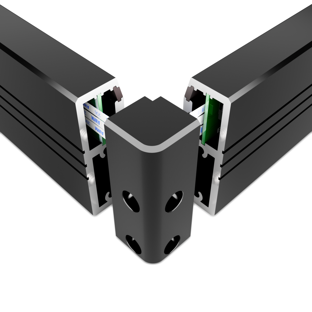 Exploded diagram of K-Series IR touch frame corner assembly showing reinforced components and precision engineering